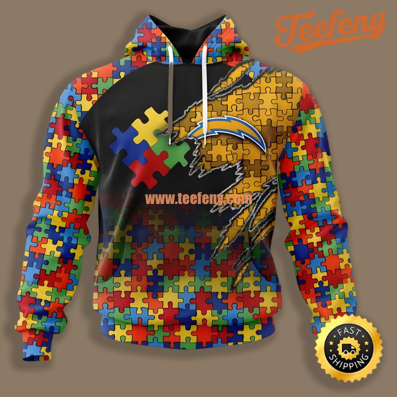 Autism Awareness Los Angeles Chargers Yellow Black 3D Hoodie