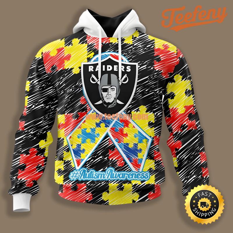Autism Awareness Puzzle Ribbon Las Vegas Raiders Black 3D Hoodie