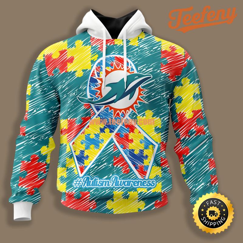 Autism Awareness Puzzle Ribbon Miami Dolphins Blue White 3D Hoodie