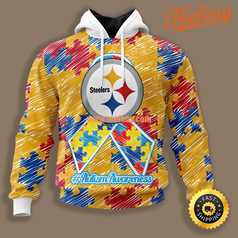 Autism Awareness Puzzle Ribbon Pittsburgh Steelers Yellow Red 3D Hoodie