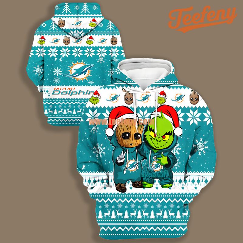 Baby Groot Grinch Christmas Miami Dolphins Blue White 3D Hoodie