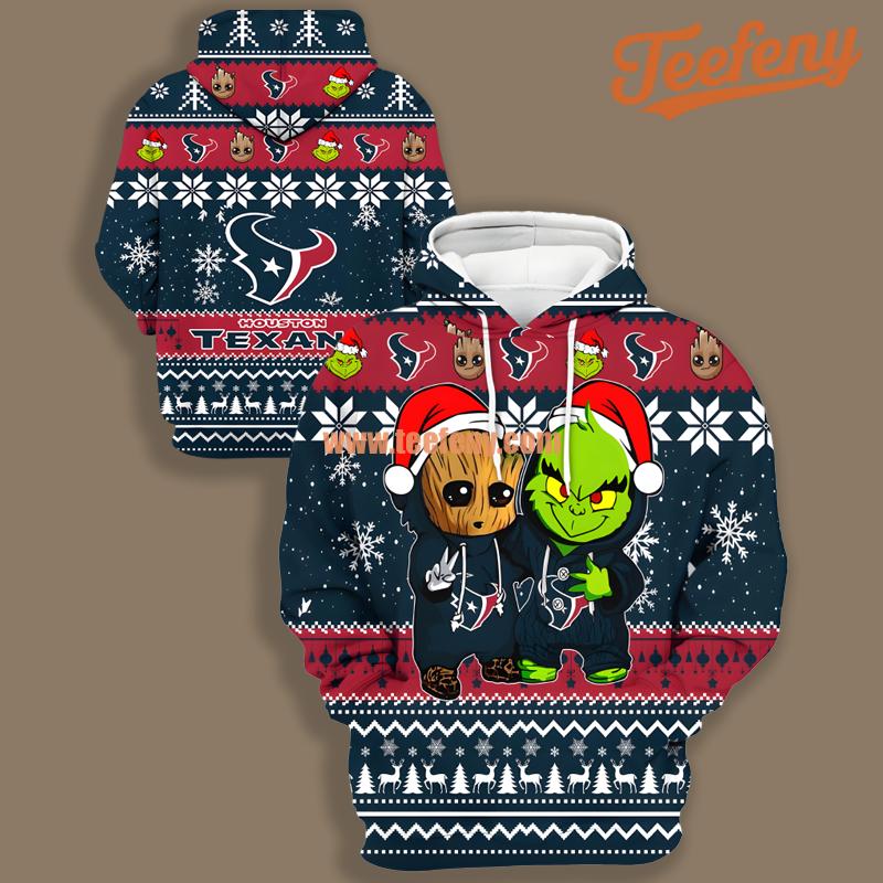 Baby Groot Grinch Houston Texans Red Blue 3D Hoodie