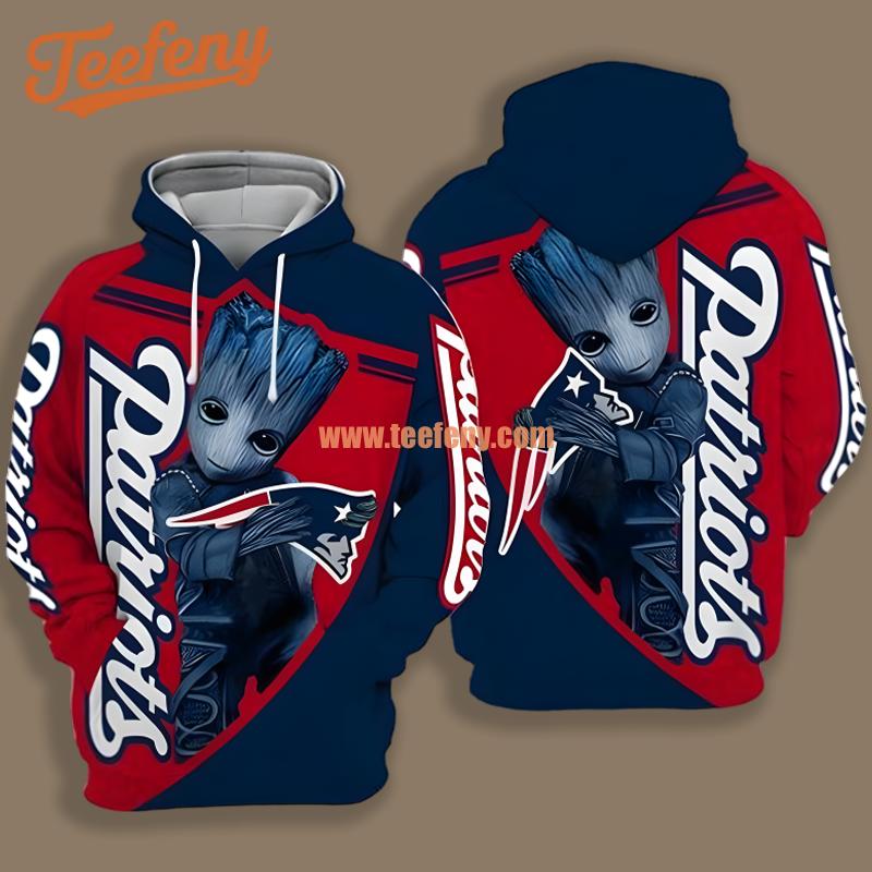 Baby Groot New England Patriots Blue Red 3D Hoodie