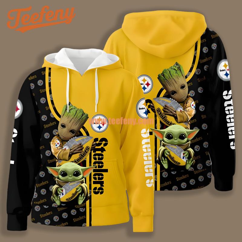 Baby Yoda Hug Pittsburgh Steelers Yellow Black 3D Hoodie