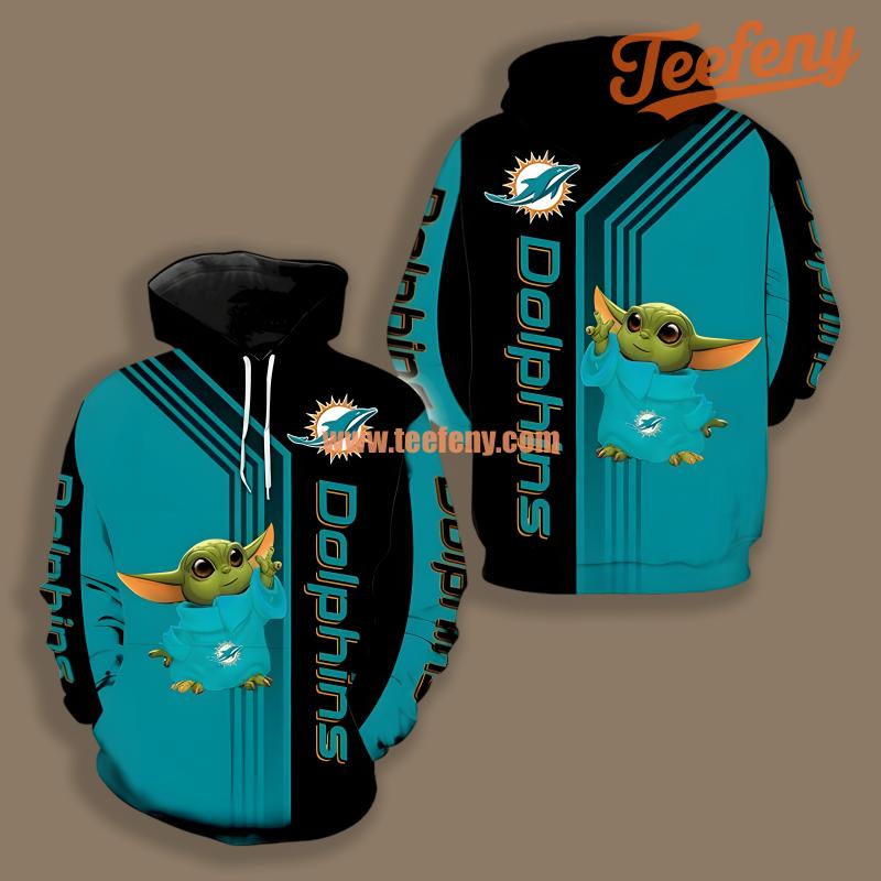 Baby Yoda Miami Dolphins Blue Black 3D Hoodie