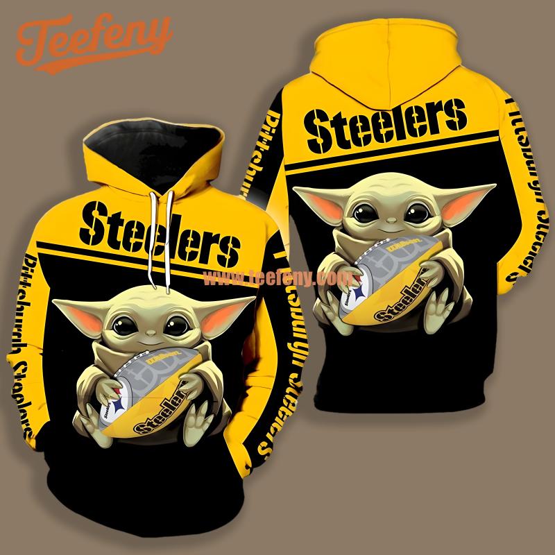 Baby Yoda Pittsburgh Steelers Black Yellow 3D Hoodie