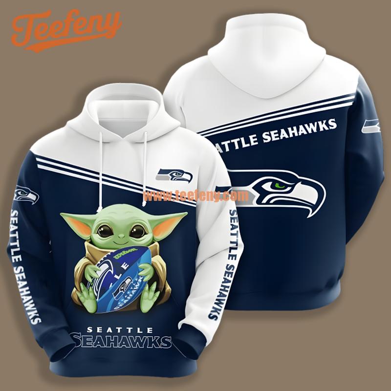 Baby Yoda Star Wars Seattle Seahawks White Blue 3D Hoodie