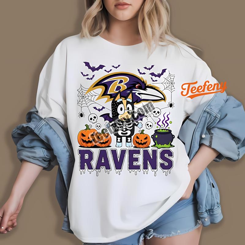 Baltimore Ravens Bingo Bluey Skeleton Pumpkin Halloween Shirt