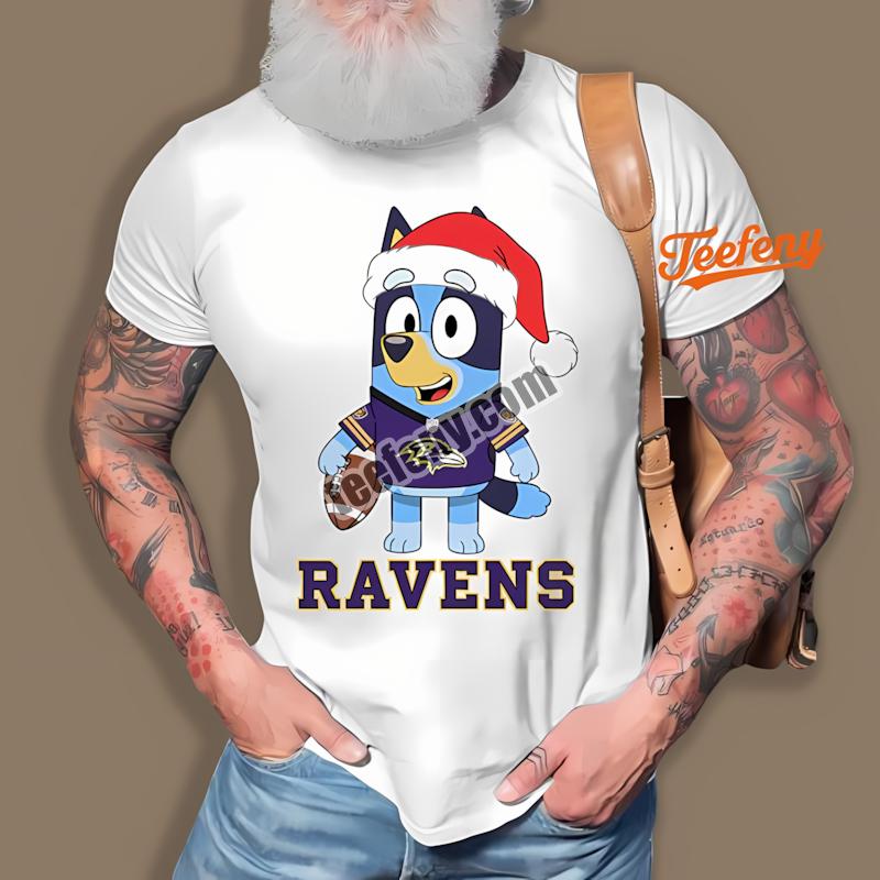 Baltimore Ravens Bluey Christmas Santa Hat Adults Shirt