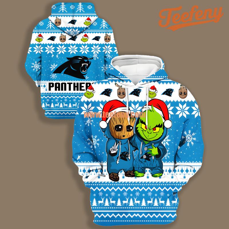 Carolina Panthers Baby Groot Grinch Blue White 3D Hoodie