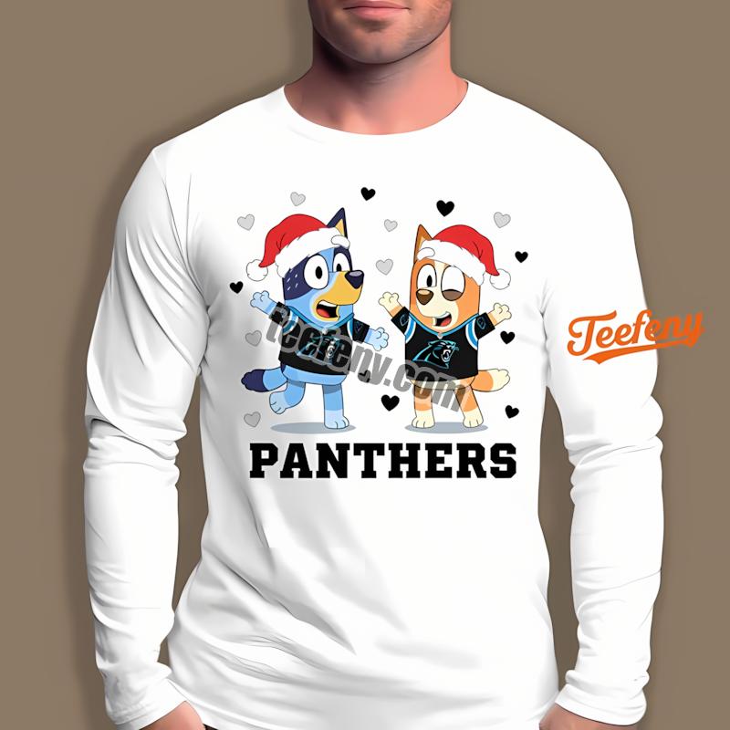 Carolina Panthers Bluey Bingo Christmas Dancing Soft Long Sleeve Carolina Panthers Bluey Bingo Christmas Dancing Soft Long Sleeve