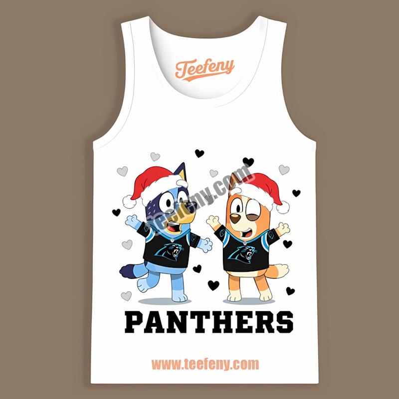 Carolina Panthers Bluey Bingo Christmas Dancing Soft Tanktop Carolina Panthers Bluey Bingo Christmas Dancing Soft Tanktop