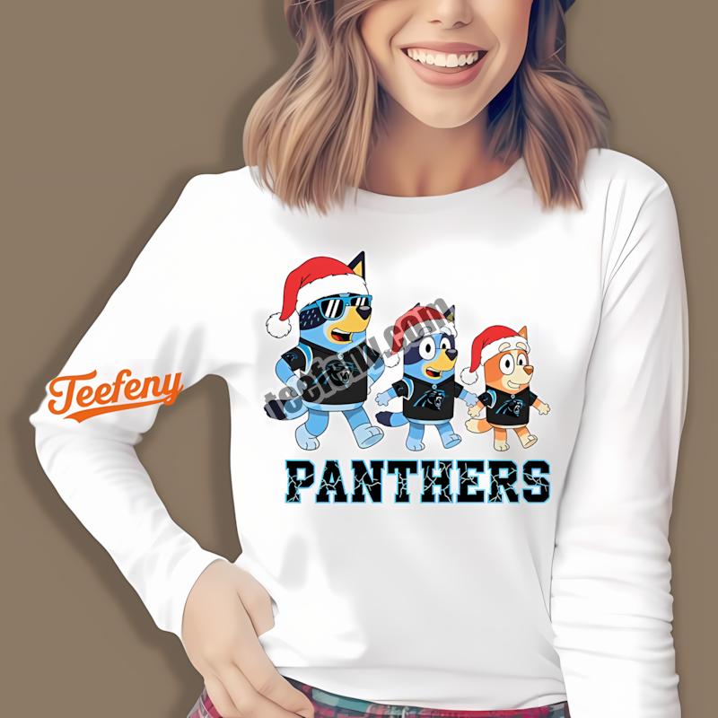 Carolina Panthers Bluey Family Santa Hat Christmas Parade Long Sleeve Carolina Panthers Bluey Family Santa Hat Christmas Parade Long Sleeve