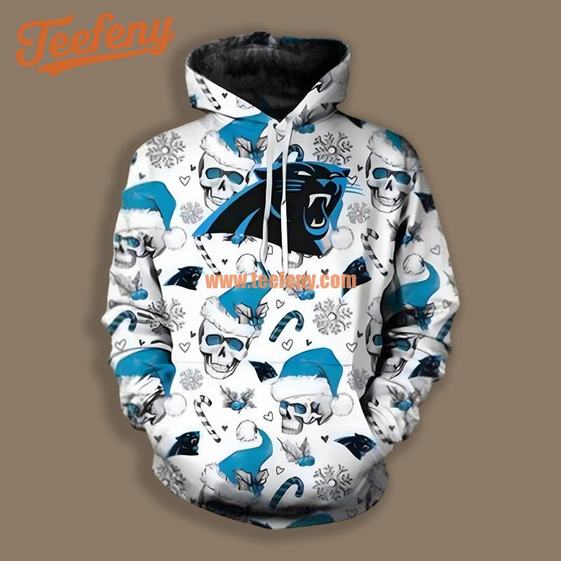 Carolina Panthers Santa Skull Candy White Blue Design 3D Hoodie