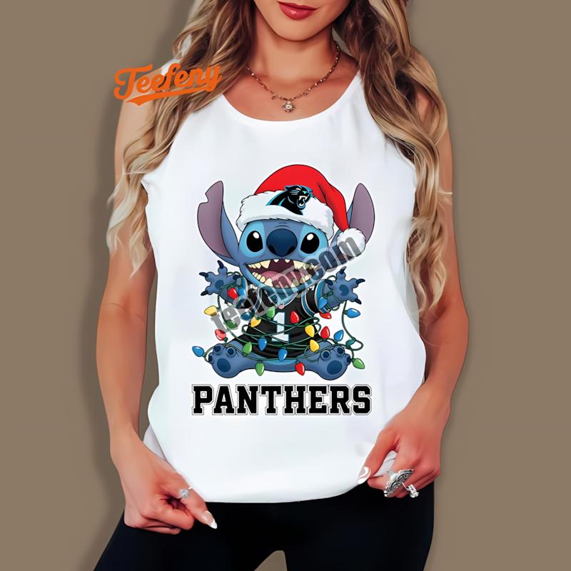 Carolina Panthers Stitch Christmas Lights Holiday Tanktop Carolina Panthers Stitch Christmas Lights Holiday Tanktop