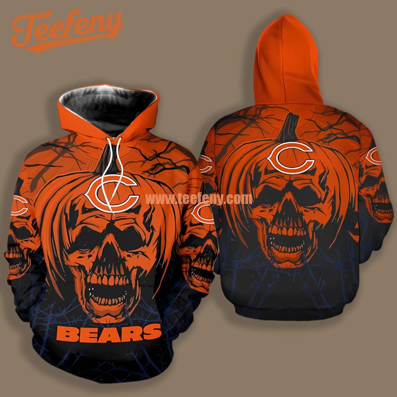 Chicago Bears Pumpkin Skull Black Orange Printed 3D Hoodie