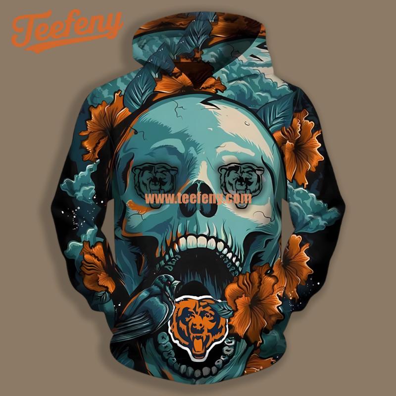 Chicago Bears Skull Flower Blue Orange Youth 3D Hoodie