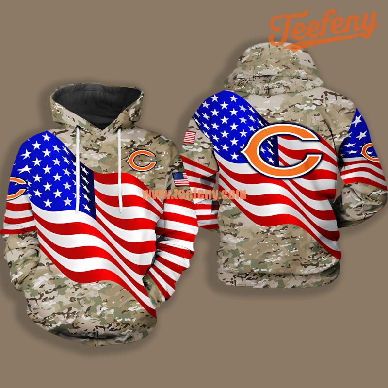 Chicago Bears Us Flag Camo Veteran Grey Novelty 3D Hoodie