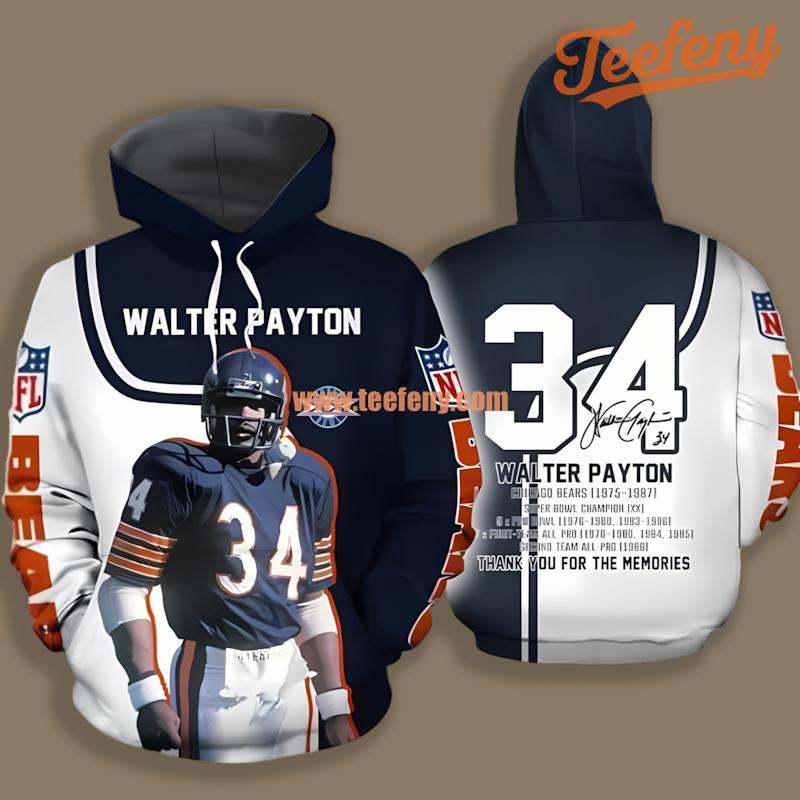 Chicago Bears Walter Payton White Blue Unisex 3D Hoodie
