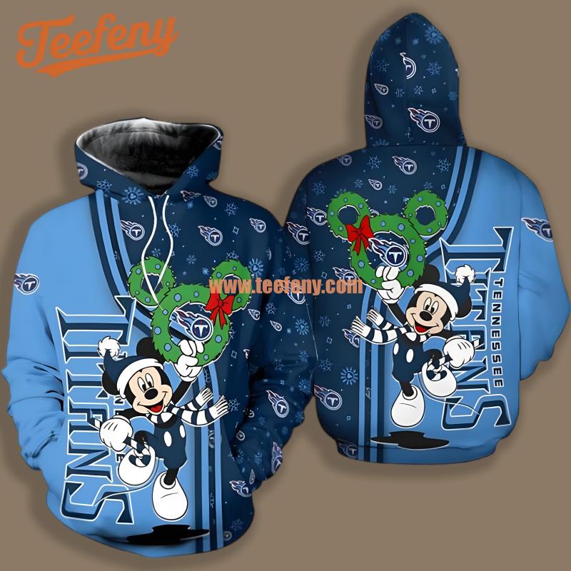 Christmas Mickey Mouse Tennessee Titans Logo Blue Pullover 3D Hoodie