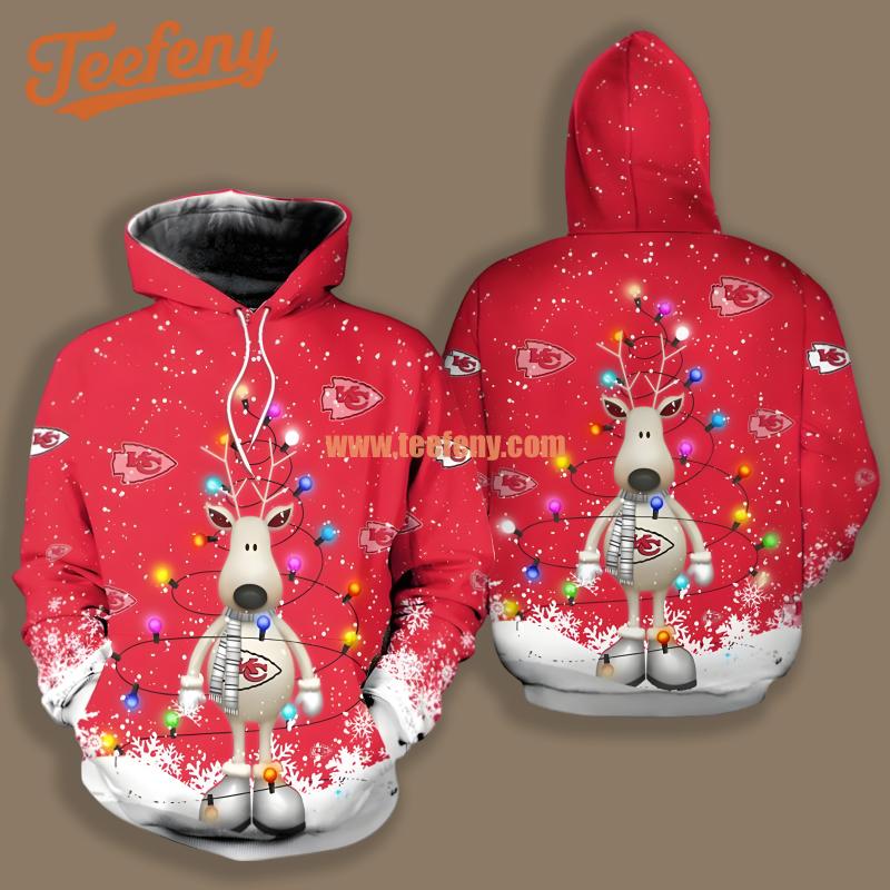 Christmas Reindeer Kansas City Chiefs White Red Zip Up 3D Hoodie