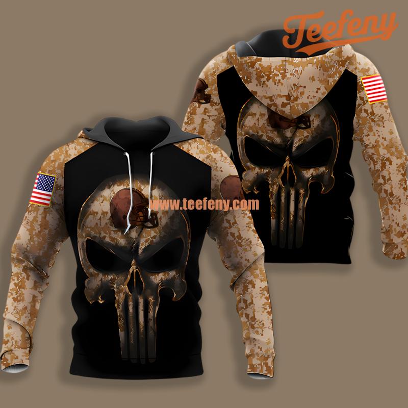 Cleveland Browns Camouflage Skull Black Zipper 3D Hoodie
