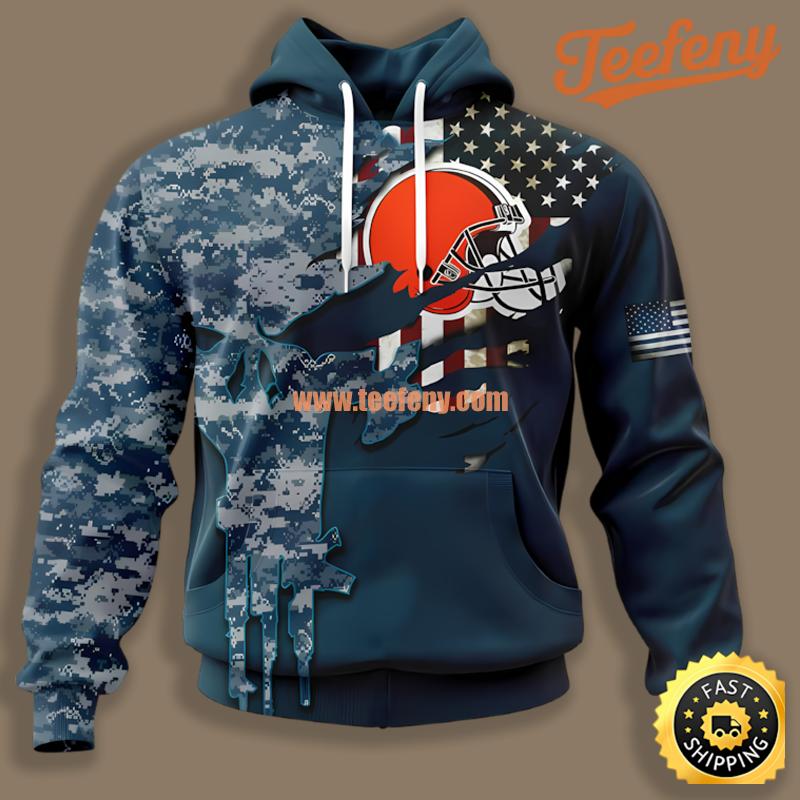 Cleveland Browns Navy Camo Veteran Blue Jacket 3D Hoodie