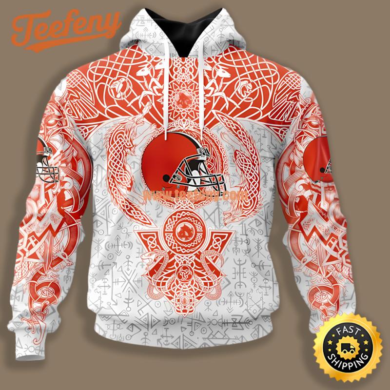 Cleveland Browns Norse Viking Symbols Orange White 3D Hoodie