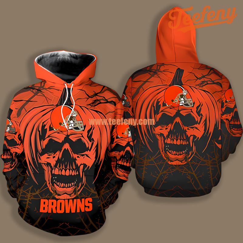 Cleveland Browns Pumpkin Skull Pattern Orange Youth 3D Hoodie