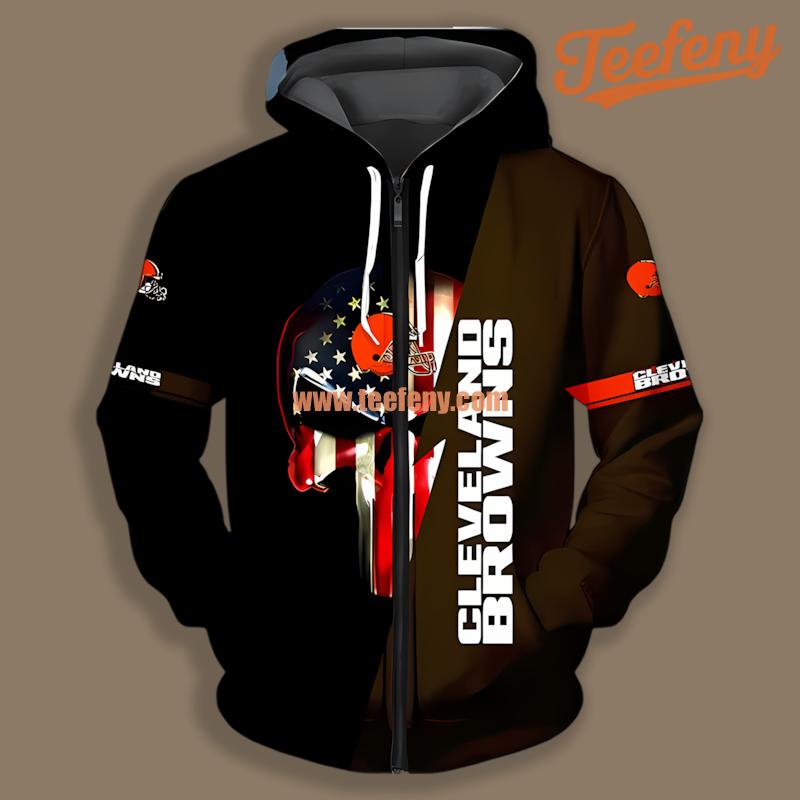 Cleveland Browns Skull America Flag Black Unisex 3D Hoodie