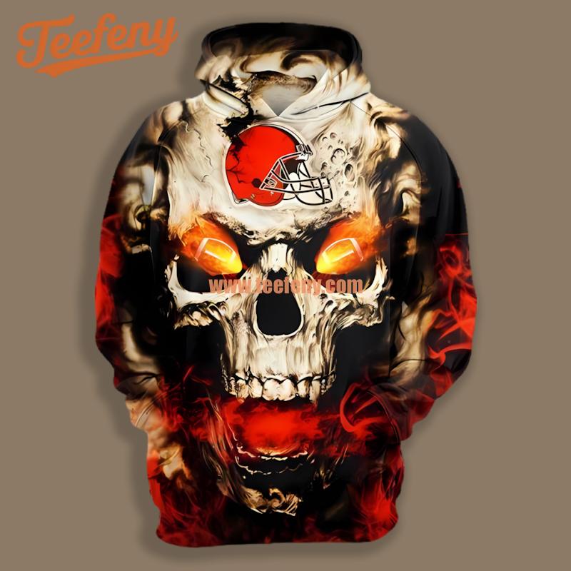 Cleveland Browns Skull Fire Black Orange Zip Up 3D Hoodie