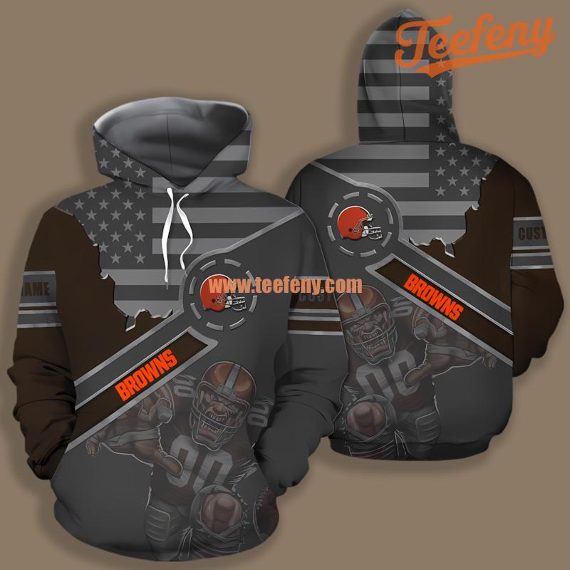 Cleveland Browns Symbol American Flag Mascot Grey Pattern 3D Hoodie