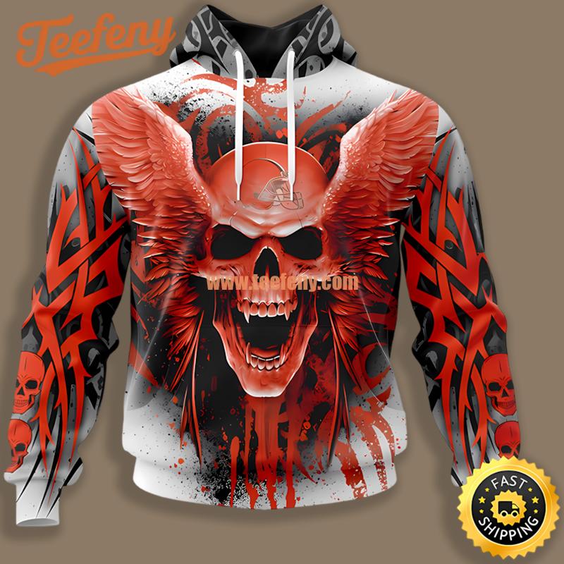 Cleveland Browns Winged Skull Orange Pattern 3D Hoodie