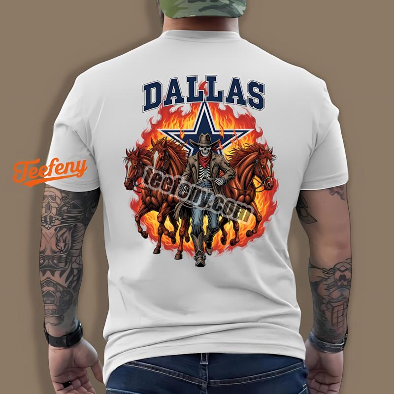 Dallas Cowboys Fiery Skeleton Cowboy And Horses Western Art Shirt