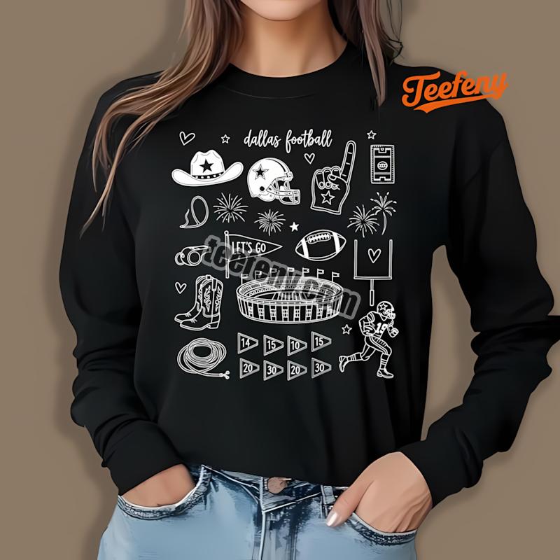 Dallas Cowboys Handdrawn Football Doodle Collage Long Sleeve Dallas Cowboys Handdrawn Football Doodle Collage Long Sleeve