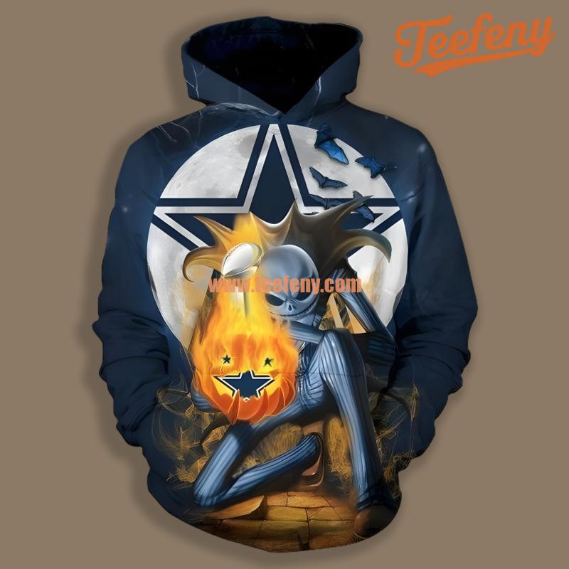 Dallas Cowboys Jack Skellington Fire Ball Blue Mens 3D Hoodie