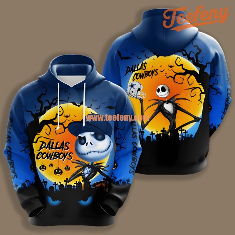 Dallas Cowboys Jack Skellington Under Moon Blue Pullover 3D Hoodie