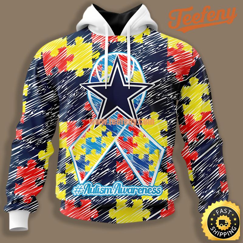 Dallas Cowboys Puzzle Ribbon Autism Awareness Blue Printed 3D Hoodie