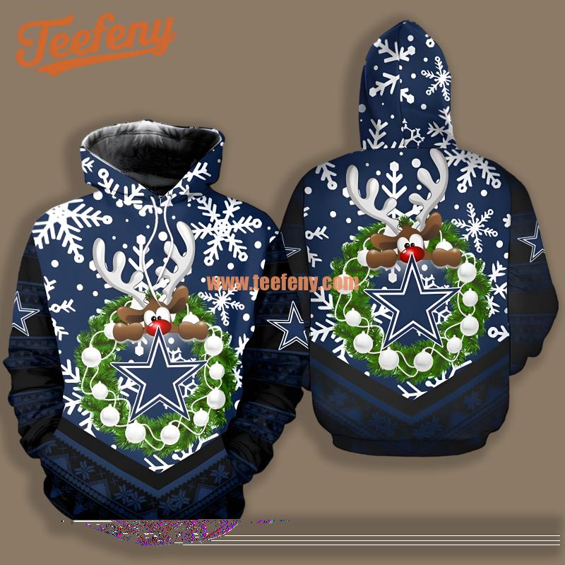 Dallas Cowboys Reindeer Wreath Christmas Blue Novelty 3D Hoodie
