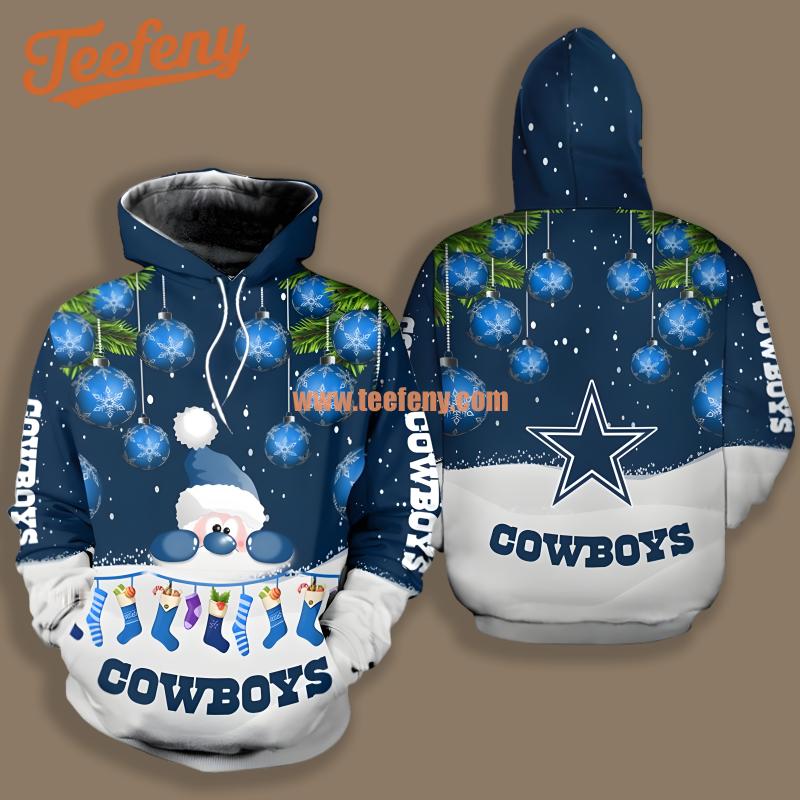 Dallas Cowboys Santa Claus Stockings Christmas Blue White Zipper 3D Hoodie