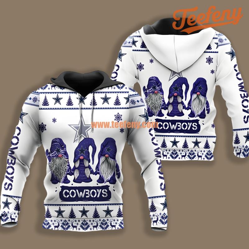 Dallas Cowboys Santa Gnomes White Blue Pullover 3D Hoodie