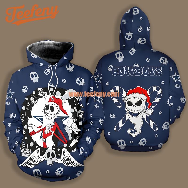 Dallas Cowboys Santa Jack Skellington Candy Blue White Zipper 3D Hoodie