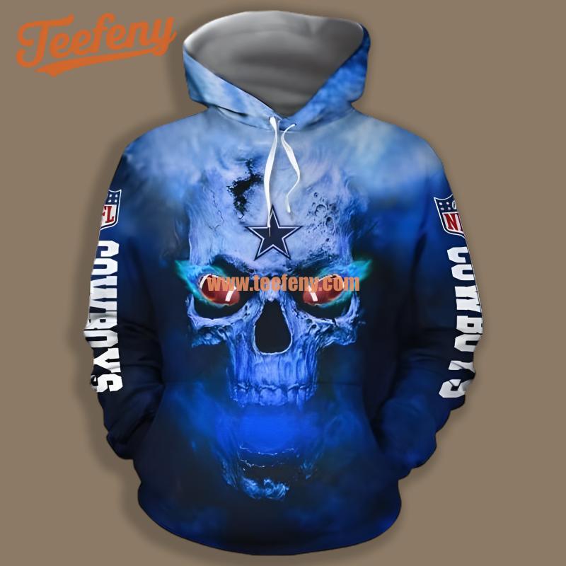 Dallas Cowboys Skull On Fire Blue Print 3D Hoodie