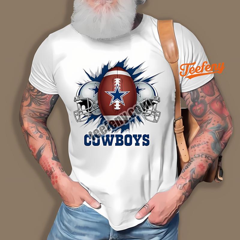 Dallas Cowboys Star Logo Football And Helmet Rip Effect Shirt