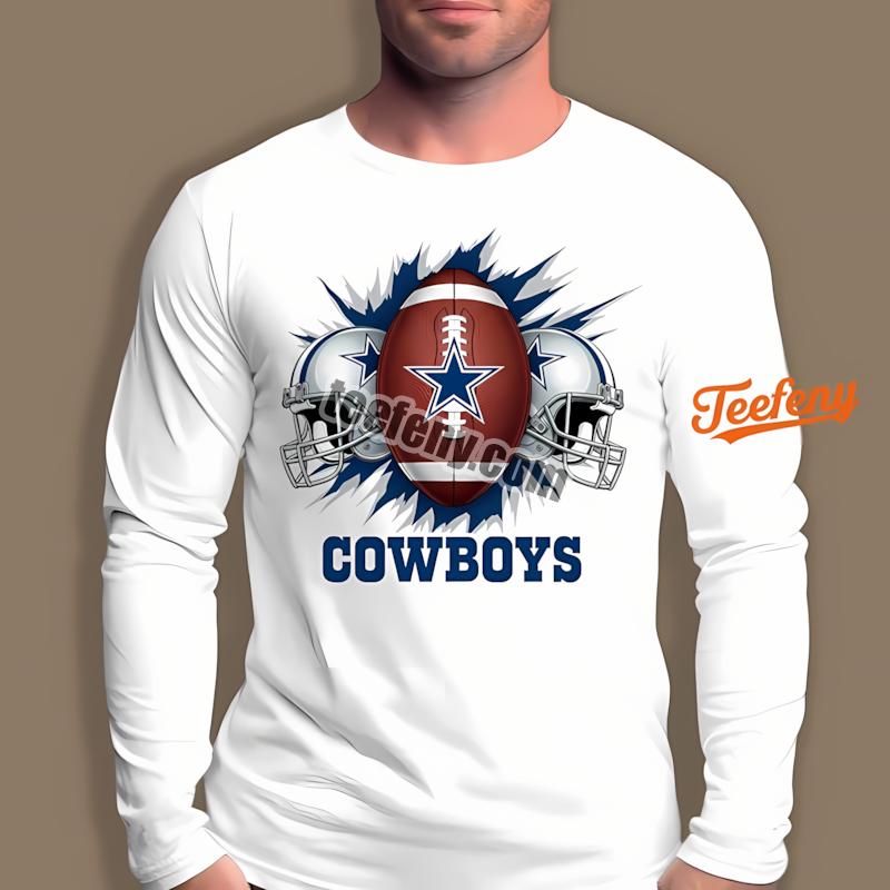 Dallas Cowboys Star Logo Football And Helmet Rip Effect Long Sleeve Dallas Cowboys Star Logo Football And Helmet Rip Effect Long Sleeve