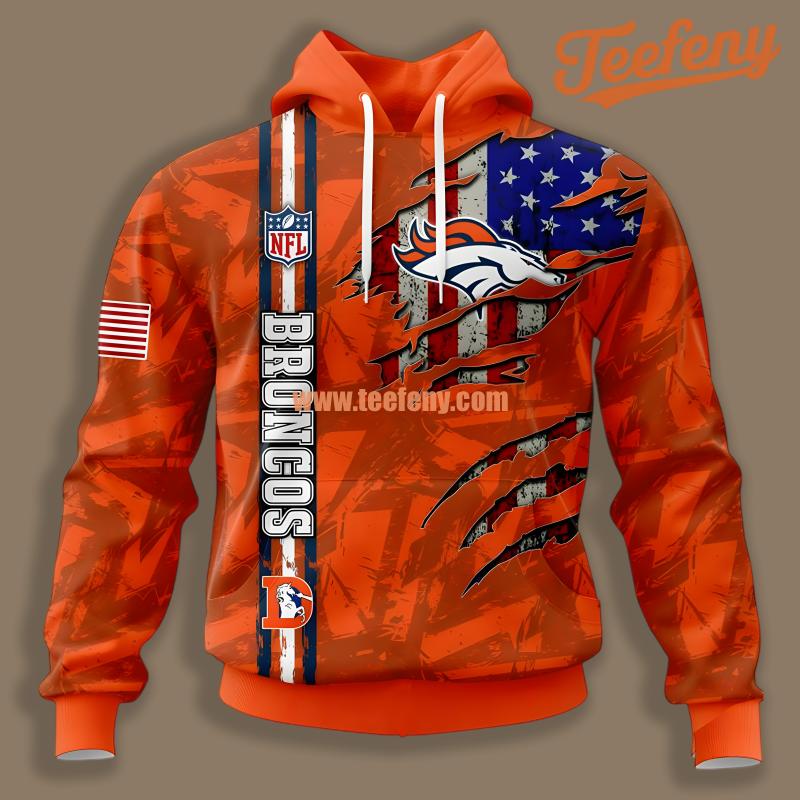 Denver Broncos American Flag Orange Pullover 3D Hoodie