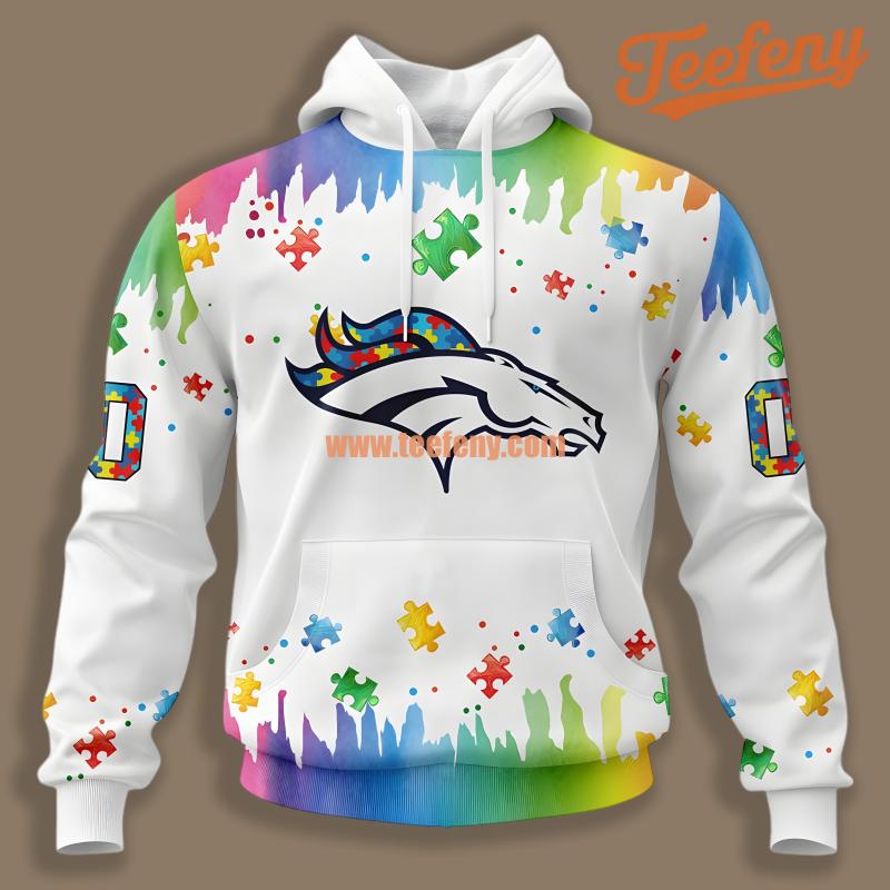 Denver Broncos Autism Awareness White Printed 3D Hoodie
