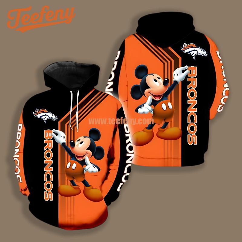 Denver Broncos Disney Mickey Orange Zipper 3D Hoodie