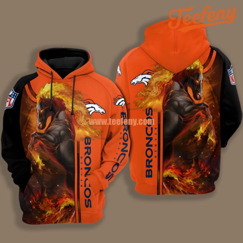 Denver Broncos Fire Horse Orange Novelty 3D Hoodie