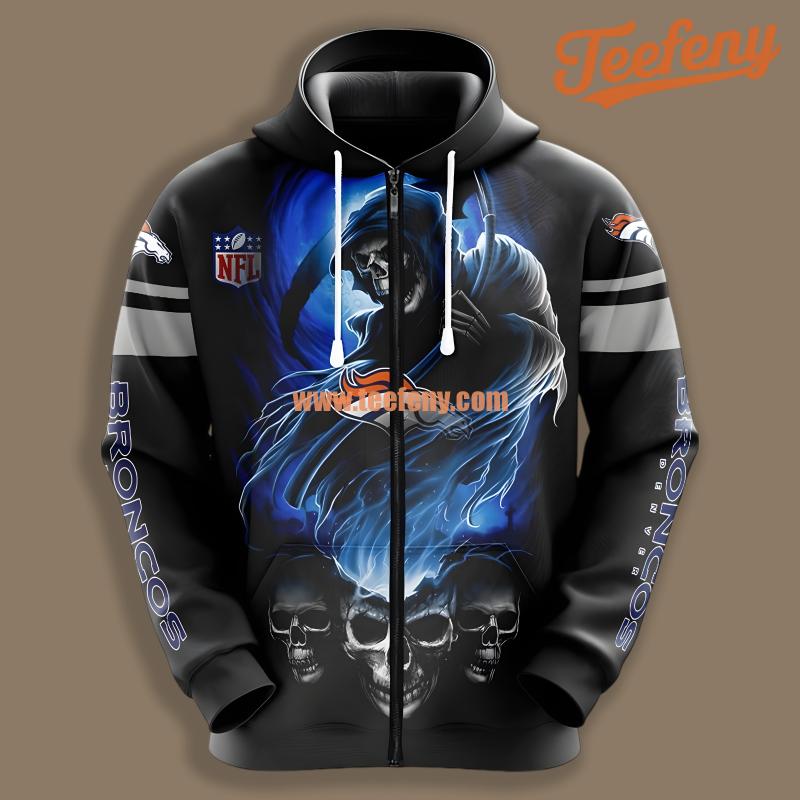 Denver Broncos Halloween Death Skull Black Zip Up 3D Hoodie